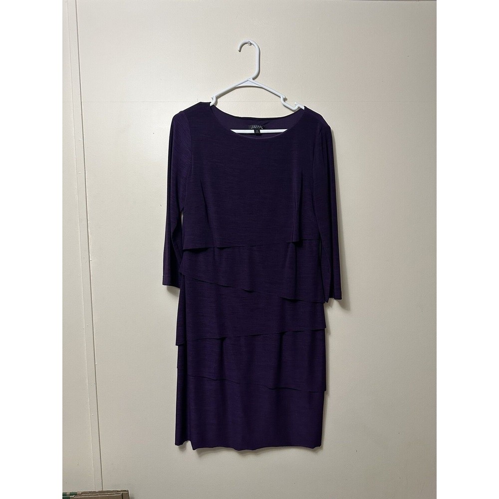 Tahari Dress Womens 12 Arthur S Levine Purple 3/4 Sleeve Layered Stretch